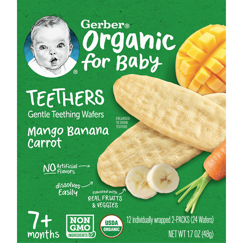 Gerber, Organic for Baby, вафли для защиты зубов, от 7 месяцев, манго, банан и морковь, 12 пакетиков по 2 шт. В индивидуальной упаковке, по 2 вафли
