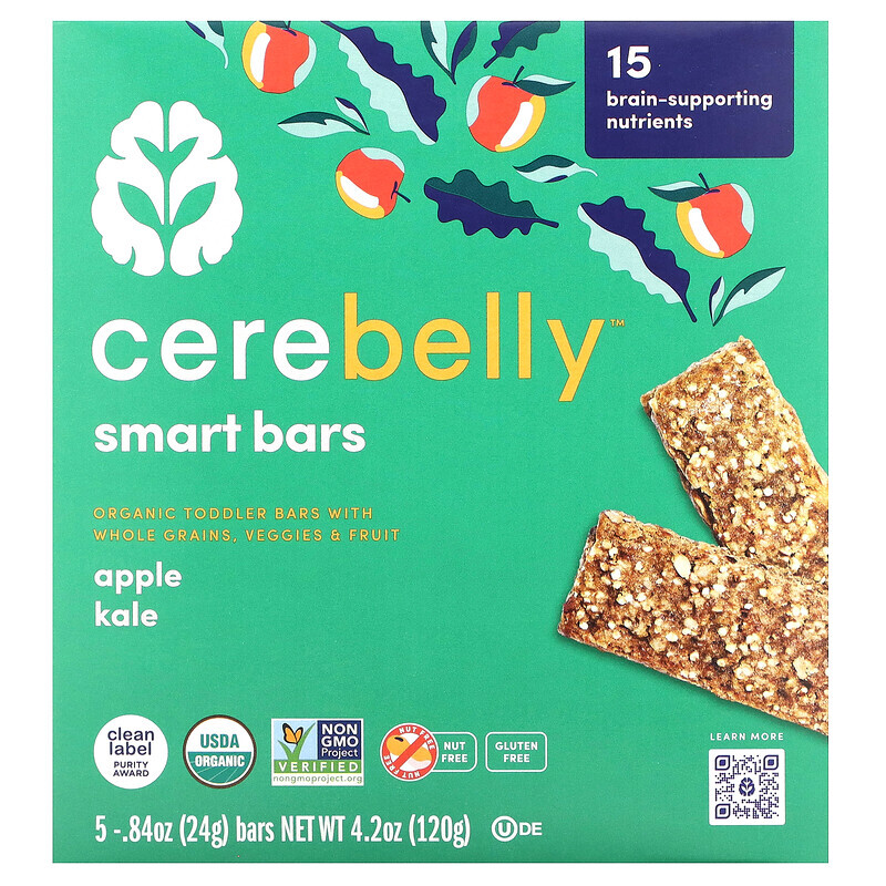 

Cerebelly, Smart Bars, Organic Toddler Bars, Apple Kale, 5 Bars, 0.84 oz (24 g) Each