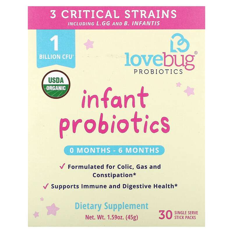 

LoveBug Probiotics, пробиотики для младенцев в возрасте 0–6 месяцев, 1 млрд КОЕ, 30 пакетиков в индивидуальной упаковке, по 1,5 г (0,05 унции)