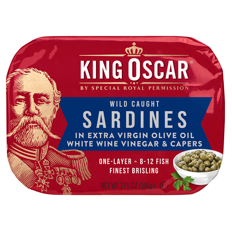 King Oscar, Дикие сардины в оливковом масле первого отжима, белый винный уксус и каперсы, 106 г (3,75 унции)