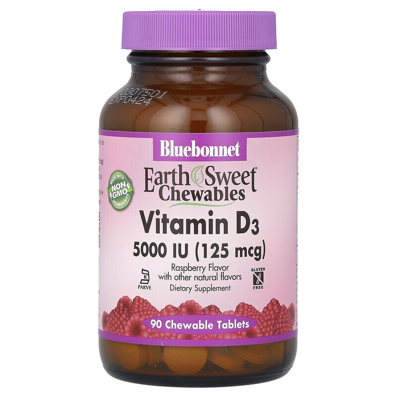 

Bluebonnet Nutrition, витамин D3, малина, 5000 МЕ (125 мкг), 90 жевательных таблеток