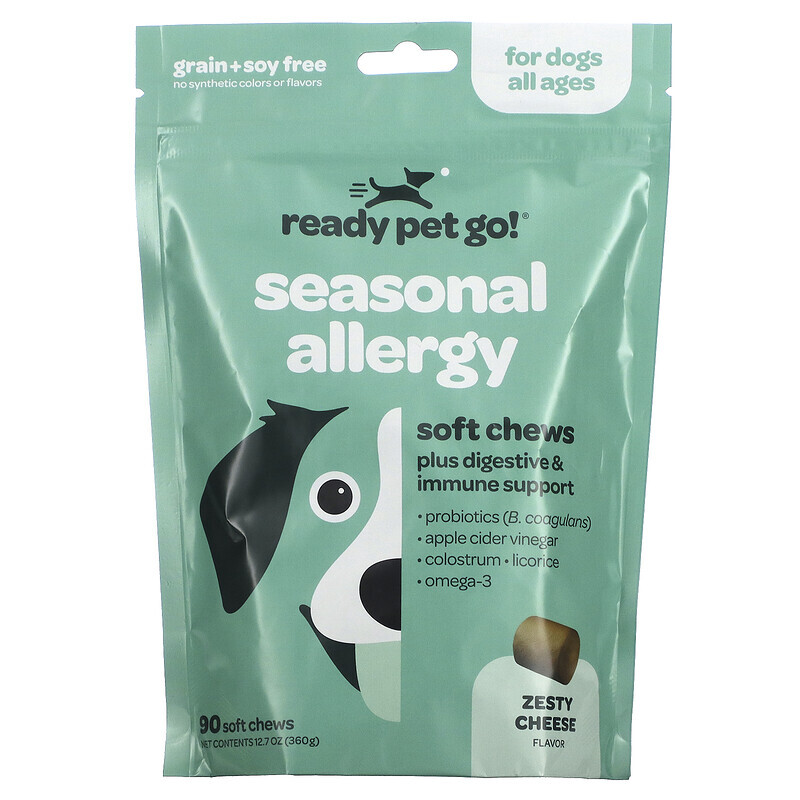 Ready Pet Go, Жевательные таблетки для борьбы с аллергией и иммунитетом, для собак, для всех возрастов, с сыром, 90 жевательных таблеток