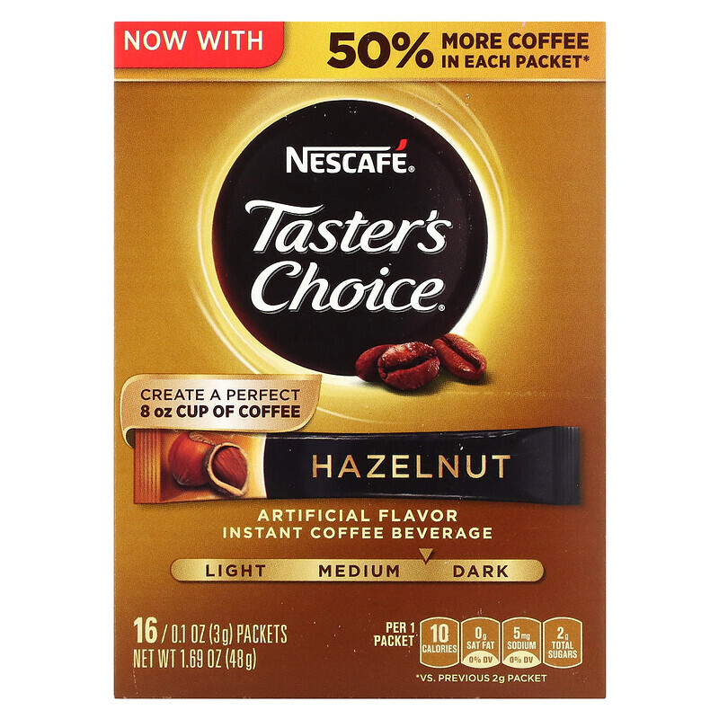 

Nescafé, Taster's Choice, растворимый кофе, с фундуком, средняя/темная обжарка, 16 пакетиков по 3 г (0,1 унции)