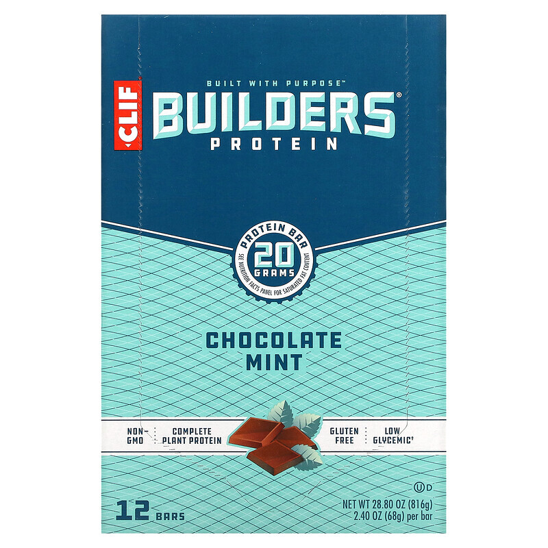 Clif Bar, Builder's Protein Bar, Chocolate Mint, 12 Bars, 2.40 oz (68 g) Each