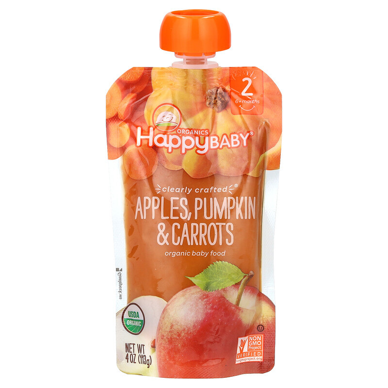 

Happy Family Organics, Органическое детское питание, этап 2, от компании Clearly Crafted, яблоки для детей от 6 месяцев, тыква и морковь, 113 г (4 унции)