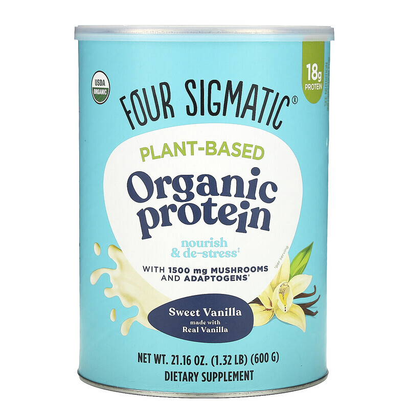 Four Sigmatic, Органический протеин на растительной основе с грибами и адаптогенами, сладкая ваниль, 600 г (1,32 фунта)