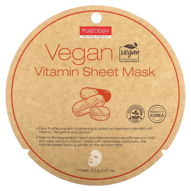 

Purederm, Vegan Vitamin Sheet Beauty Mask, 1 тканевая маска, 23 г (0,81 унции)