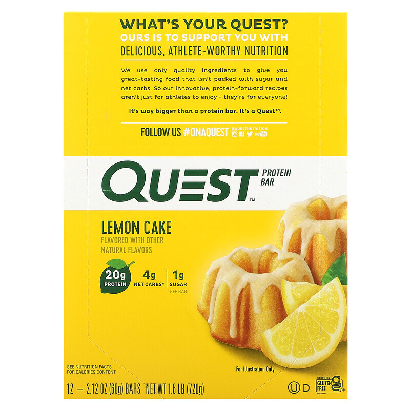 Quest Nutrition, протеиновый батончик, вкус лимонного пирога, 12 батончиков, 60 г (2,12 унции) каждый