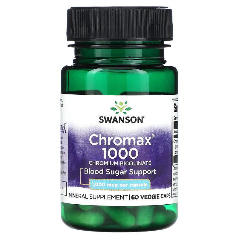 

Swanson, Chromax 1000, пиколинат хрома, 1000 мкг, 60 растительных капсул