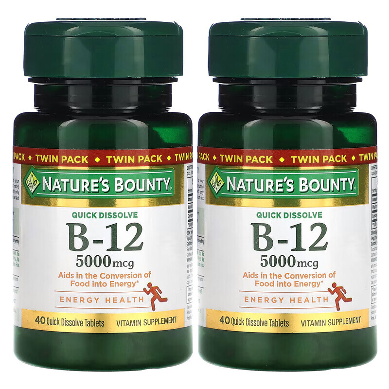 

Nature's Bounty, Витамин B12, Twin Pack, натуральный вишневый вкус, 5000 мкг, 40 быстрорастворимых таблеток