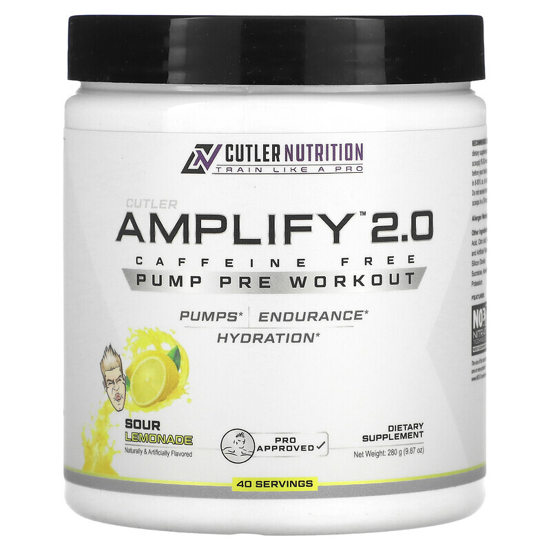 

Cutler Nutrition, Amplify 2.0, накачка перед тренировкой, без кофеина, кислый лимонад, 280 г (9,87 унции)