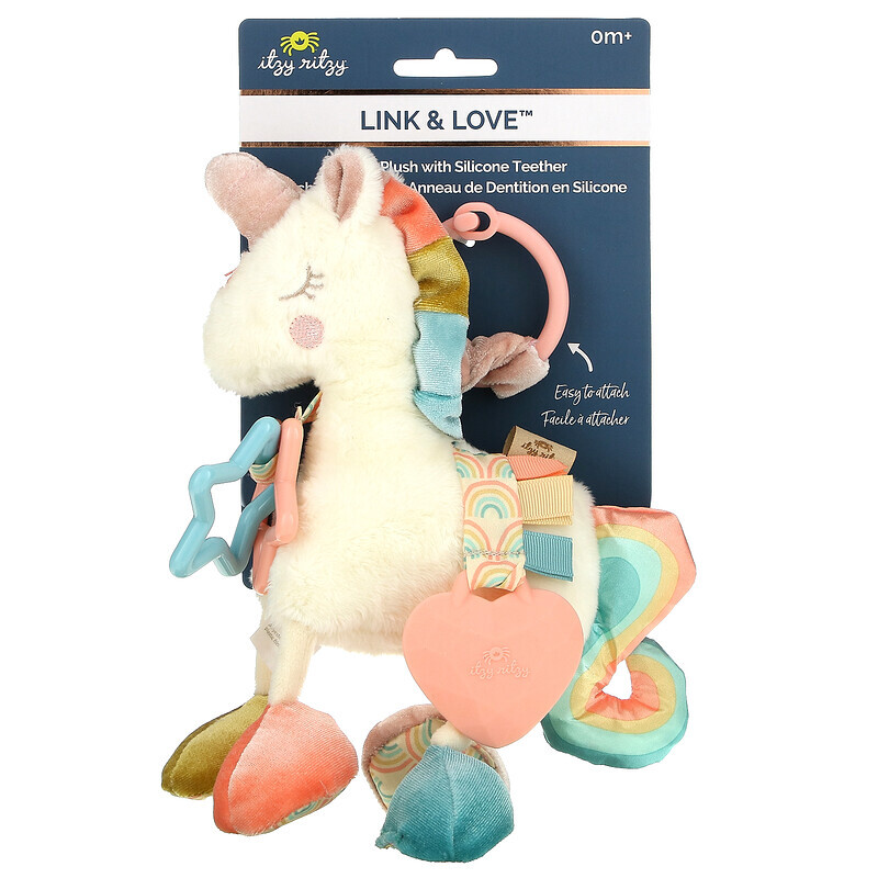 

itzy ritzy, Link & Love, Activity Plush с силиконовым прорезывателем, для детей от 0 месяцев, Unicorn, 1 прорезыватель