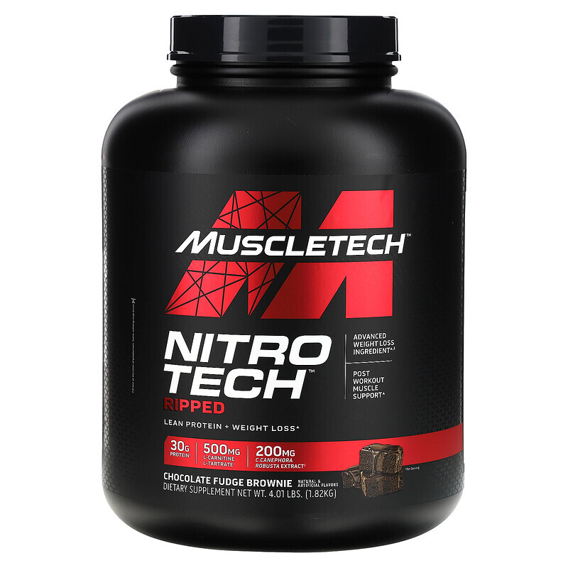 MuscleTech, Nitro Tech Ripped, чистый протеин + состав для похудения, со вкусом брауни с шоколадной помадкой, 1,81 кг (4 фунта)