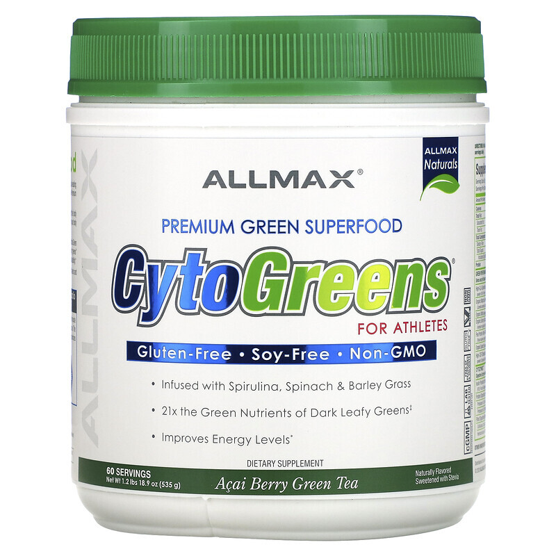 ALLMAX, CytoGreens, зеленый суперпродукт премиального качества для спортсменов, зеленый чай с ягодами асаи, 535 г (1,2 фунта)