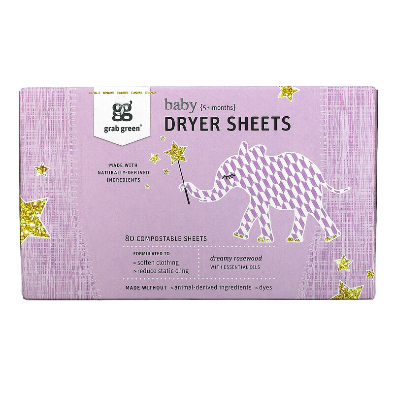 

Grab Green, Dryer Sheets, Baby, 5+ Months, Dreamy Rosewood with Essential Oils, 80 Compostable Sheets