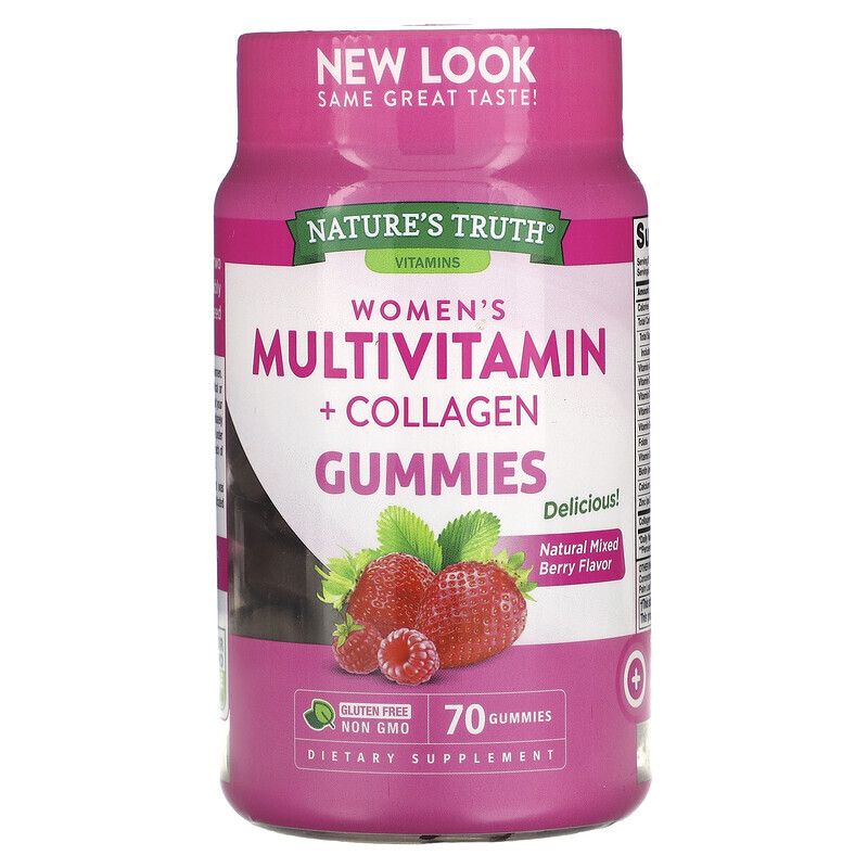 

Nature's Truth, Multivitmain + Collagen для женщин, натуральная ягодная смесь, 70 жевательных таблеток