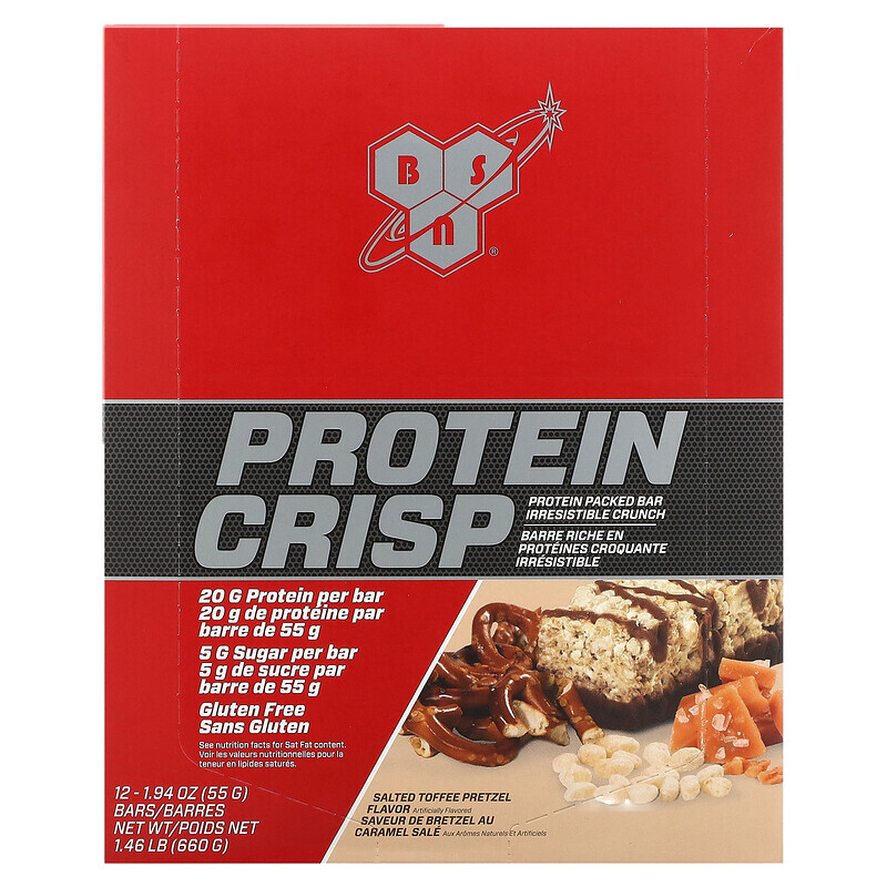 

BSN, Protein Crisp, протеиновый батончик, крендельки с соленой карамелью, 12 батончиков, 57 г (2,01 унции)