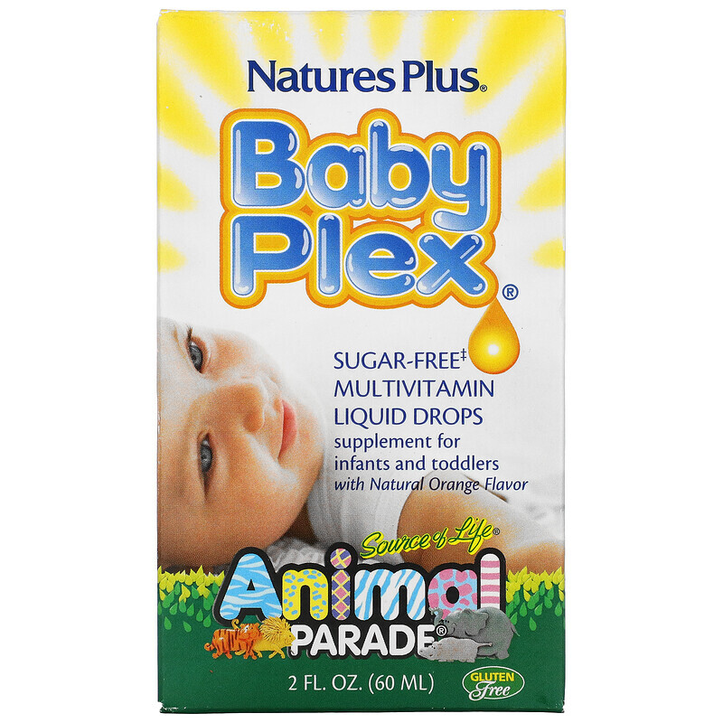 

NaturesPlus, Source of Life, Animal Parade, Baby Plex, жидкие мультивитаминные капли без сахара, с натуральным вкусом апельсина, 2 жидкие унции (60 мл)