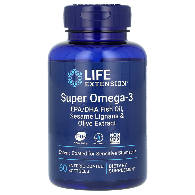 

Life Extension, Super Omega-3, рыбий жир с ЭПК и ДГК, лигнанами кунжута и экстрактом оливы, 60 капсул, покрытых кишечнорастворимой оболочкой