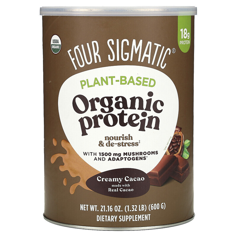 Four Sigmatic, Растительный протеин с грибами для поддержки иммунитета и адаптогенами, сливочное какао, 600 г (21,16 унции)