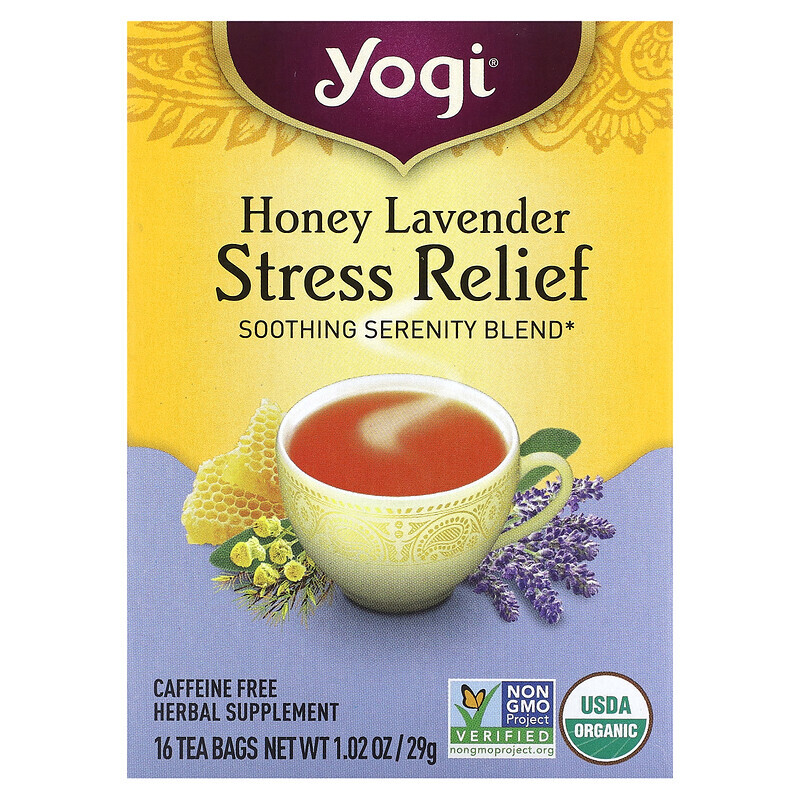 

Yogi Tea, Stress Relief, мед и лаванда, без кофеина, 16 чайных пакетиков, 29 г (1,02 унции)