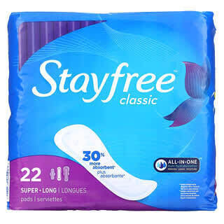 

Stayfree, Classic, сверхдлинные подушечки, без отдушек, 22 шт.