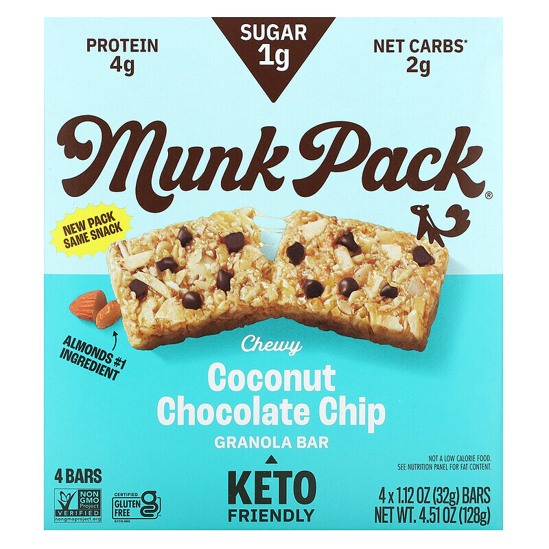 

Munk Pack, Keto Granola, кокосовая и какао-крошка, 4 батончика, 32 г (1,12 унции)