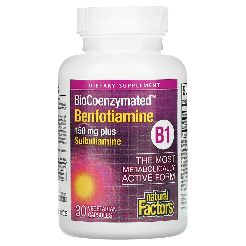 Natural Factors, BioCoenzymated, B1, бенфотиамин плюс сульбутиамин, 150 мг, 30 вегетарианских капсул