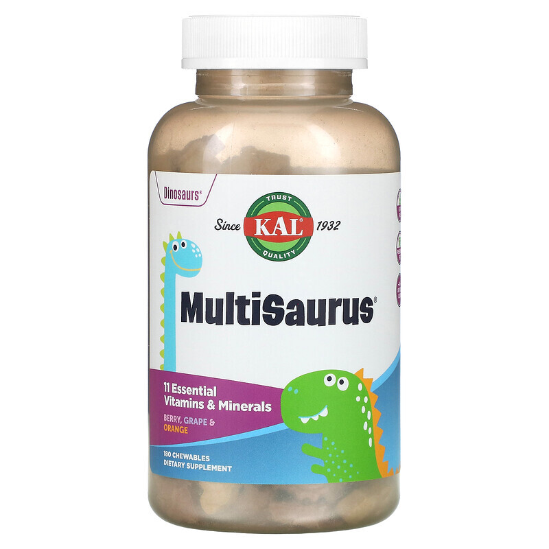 

KAL, MultiSaurus, витамины и микроэлементы, со вкусом ягод, винограда и апельсина, 180 жевательных таблеток