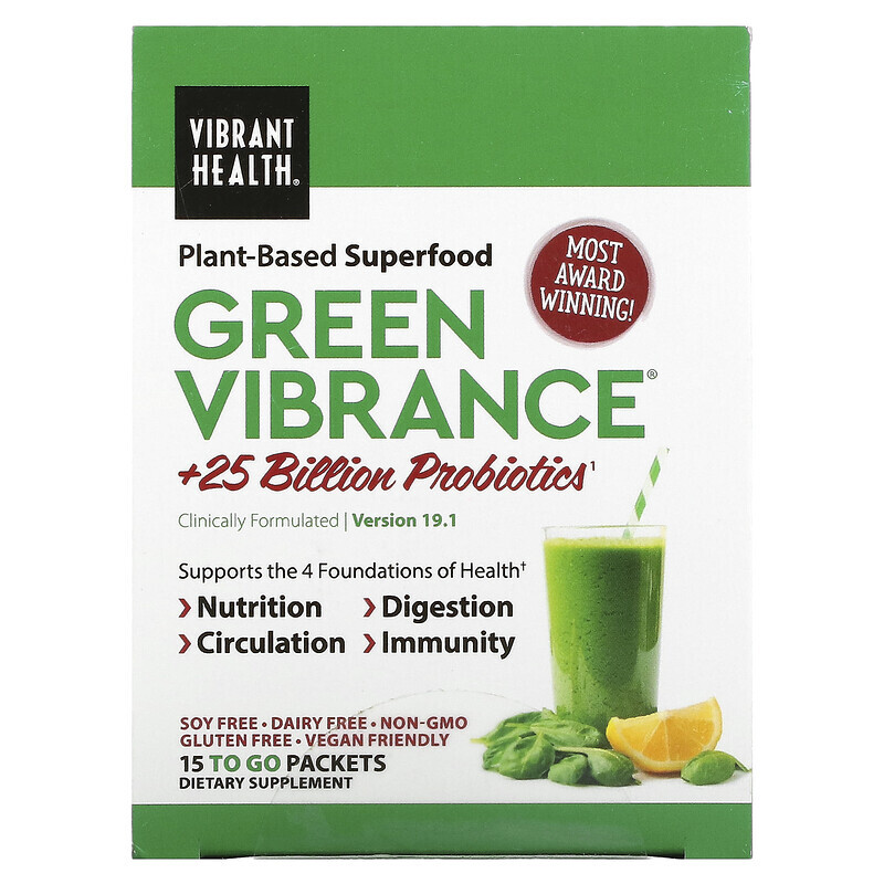 

Vibrant Health, Green Vibrance +25 млрд пробиотиков, версия 19.0, 15 пакетиков, 168,9 г (5,96 унции)