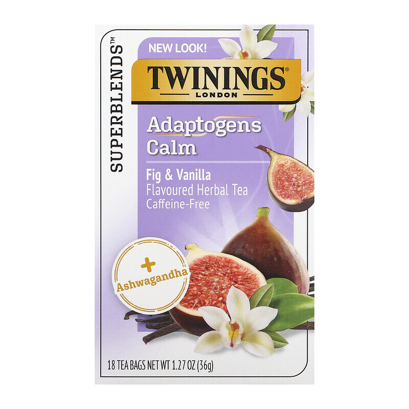 

Twinings, Calm, адаптогены, травяной чай со вкусом инжира и ванили, без кофеина, 18 чайных пакетиков, 36 г (1,27 унции)