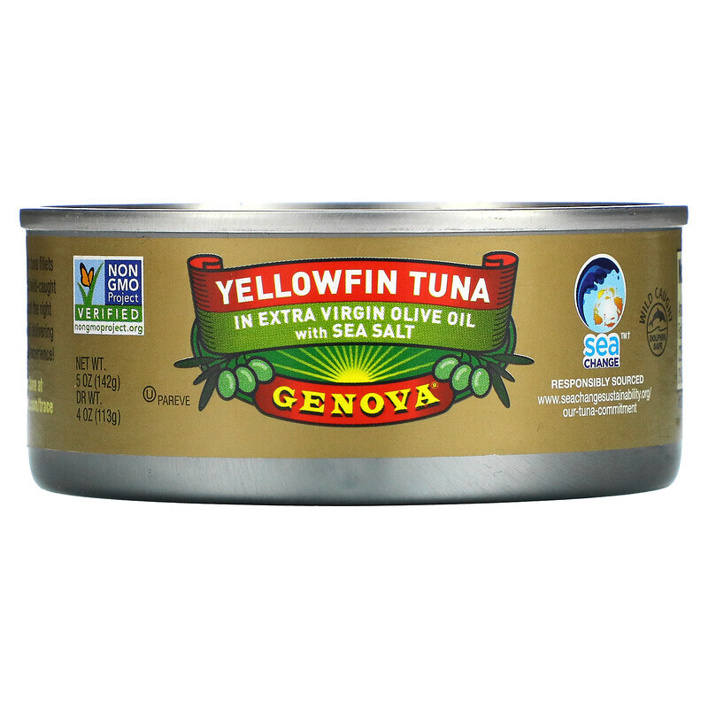 Genova, желтоперый тунец в нерафинированном оливковом масле высшего качества с морской солью, 142 г (5 унций)