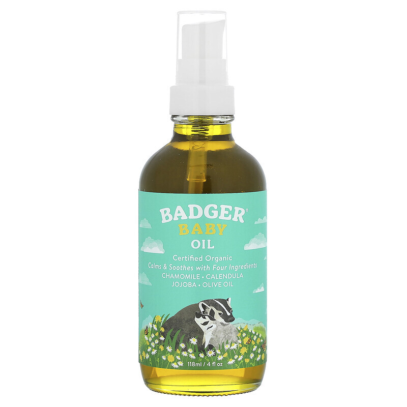 Badger Company, Успокаивающее детское масло, ромашка и календула с оливковым маслом и маслами жожоба, 4 жидких унции (118 мл)