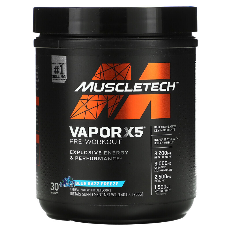 

MuscleTech, VaporX5, Next Gen, предтренировочный комплекс, со вкусом Blue Razz Freeze, 266 г (9,40 унции)