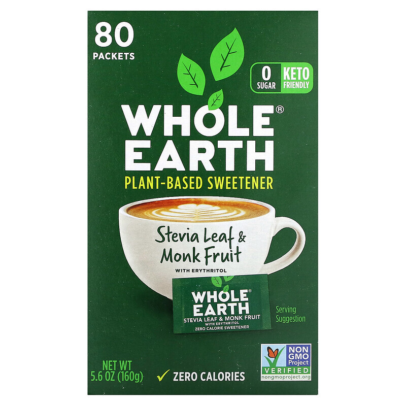 Whole Earth, Листья стевии и монах, 80 пакетиков, 160 г (5,6 унции)