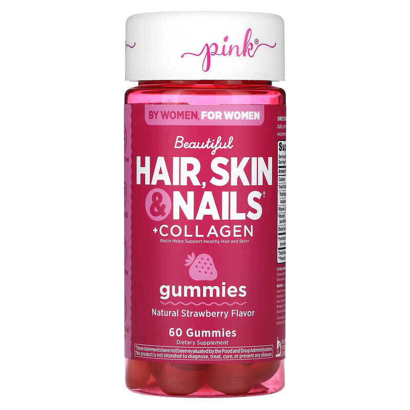 

Pink, Beautiful Hair, Skin & Nails + Collagen, натуральная клубника, 60 жевательных таблеток