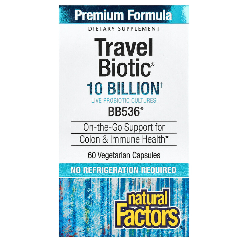 

Natural Factors, Travel Biotic, BB536, 10 млрд жизнеспособных клеток, 60 растительных капсул