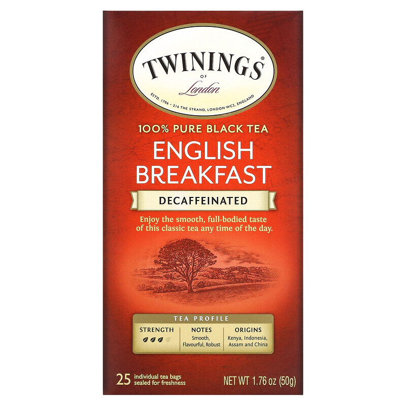 

Twinings, 100% чистый черный чай, английский завтрак, без кофеина, 25 чайных пакетиков, 50 г (1,76 унции)