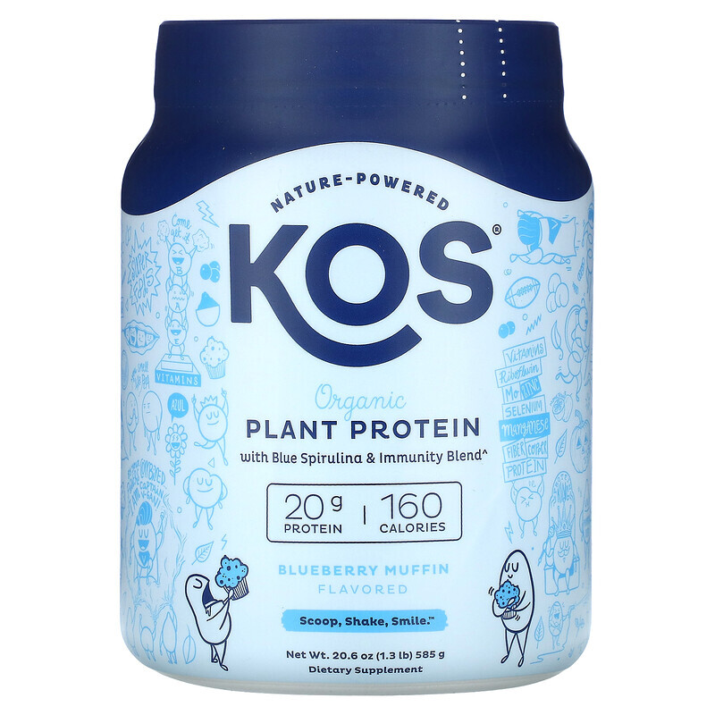 KOS, Органический растительный протеин со смесью синей спирулины и иммунитета, черничный маффин, 585 г (1,3 фунта)