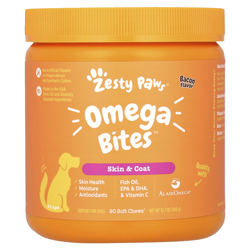 Zesty Paws, Omega Bites, добавка для собак, для здоровья кожи и шерсти животных, с ароматизатором «Бекон», 90 мягких жевательных таблеток