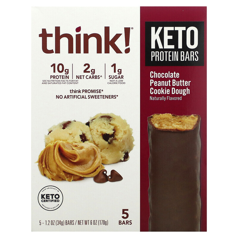 

Think !, Keto Protein Bars, шоколадное печенье с арахисовым маслом, 5 батончиков, 34 г (1,2 унции)