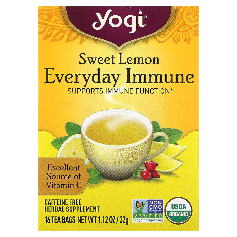 

Yogi Tea, Everyday Immune, чай для поддержки иммунитета со вкусом сладкого лимона, без кофеина, 16 чайных пакетиков по 32 г (1,12 унции)