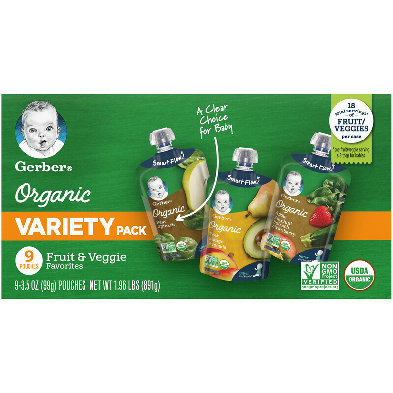 

Gerber, Organic Variety Pack, 2nd Foods, любимые фрукты и овощи, 9 пакетиков, 99 г (3,5 унции)