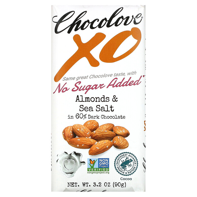 

Chocolove, XO, миндаль и морская соль в темном шоколаде 60%, 90 г (3,2 унции)