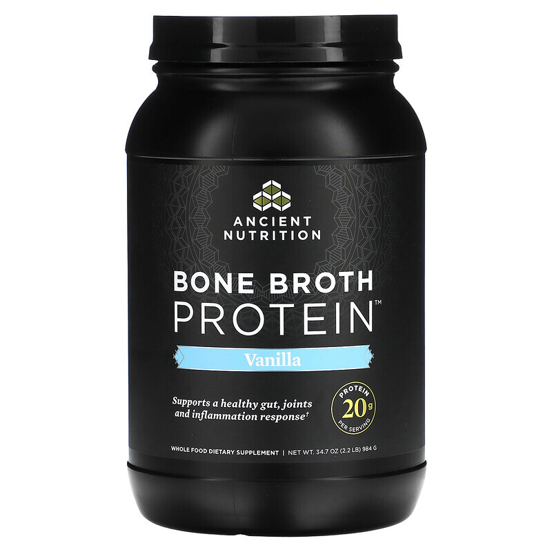 

Dr. Axe / Ancient Nutrition, Bone Broth Protein, со вкусом ванили, 984 г (2,2 унции)