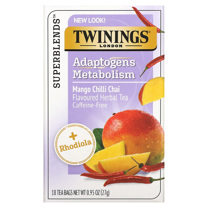 

Twinings, Boost, адаптогены, травяной чай со вкусом манго и чили, без кофеина, 18 чайных пакетиков, 27 г (0,95 унции)