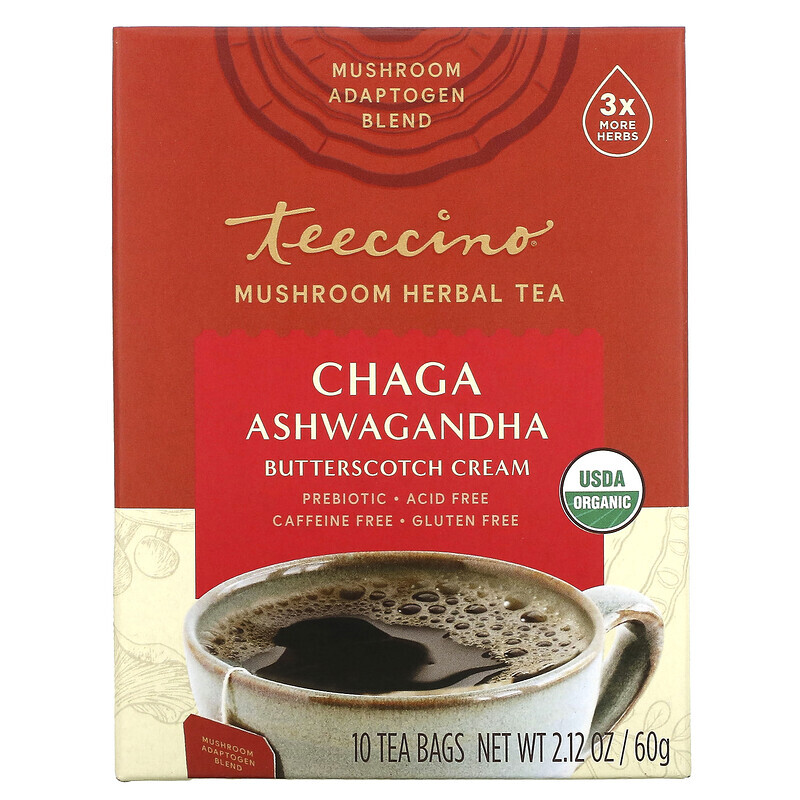 

Teeccino, чай из грибов и трав, органическая чага, ашвагандха, «Жидкий ирис», без кофеина, 10 чайных пакетиков, 60 г (2,12 унции)