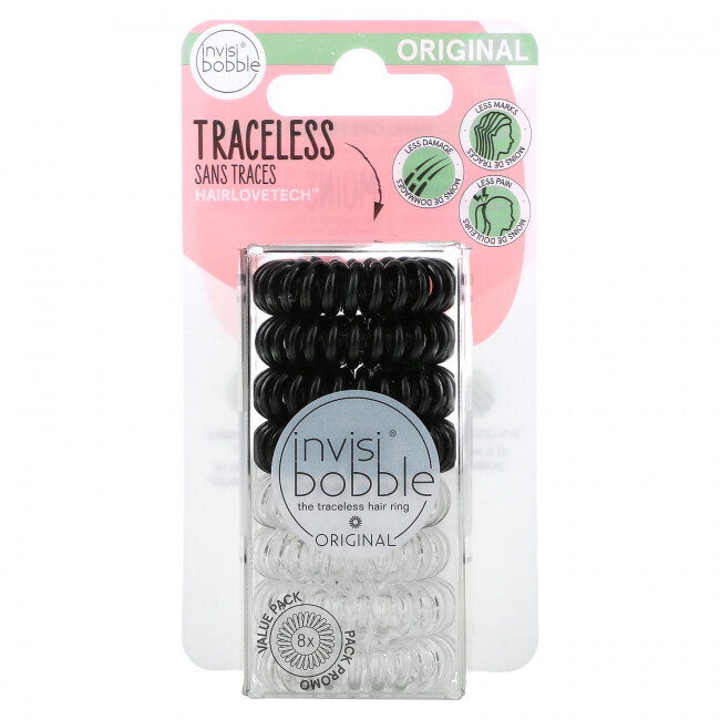 

Invisibobble, Original, Traceless Hair Ring, Crystal Clear/True Black, 8 Pack