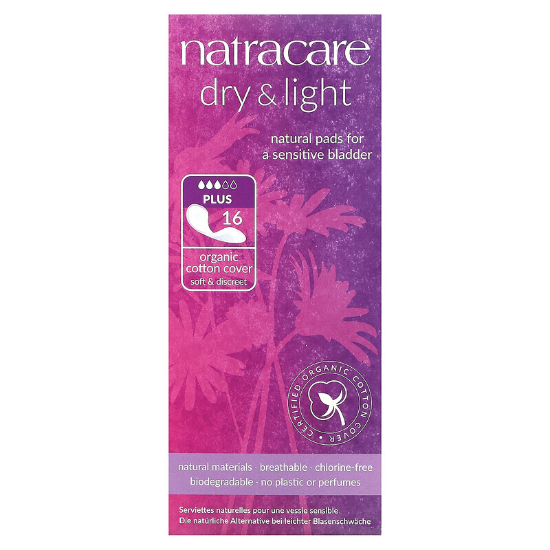 

Natracare, Dry & Light, покрытие из органического хлопка, плюс, 16 прокладок