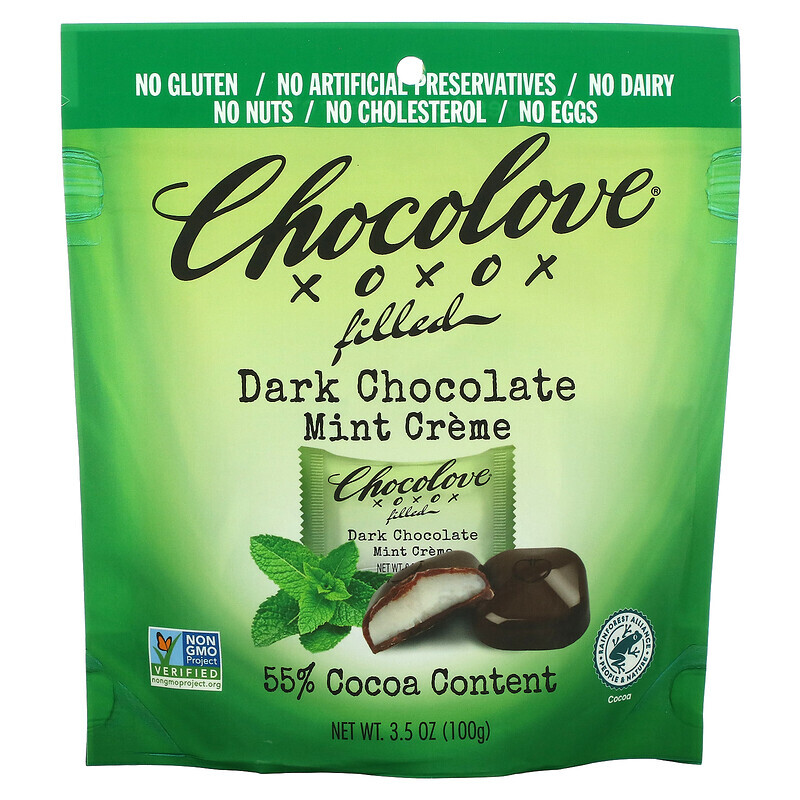 

Chocolove, Крем с начинкой из темного шоколада и мяты, 55% какао, 100 г (3,5 унции)